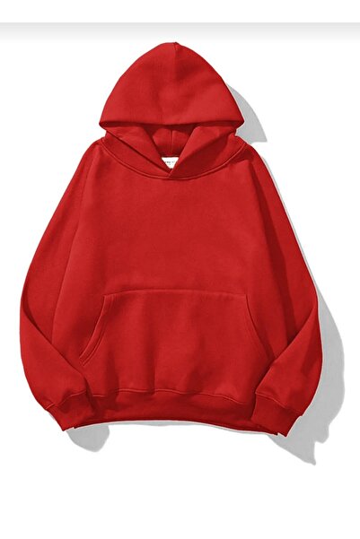 YÜKSEL IŞIK Unisex Kırmzı Basic Sweatshirt Hoodie %100 Pamuklu