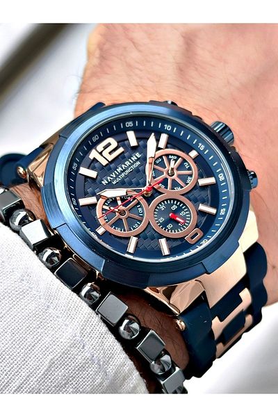 Navimarine Men's Wristwatch and Bracelet with Gift - Rose Navy Color, Silicone Cord