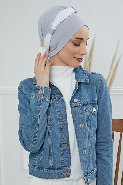 Ayşe Tasarım Chiffon Belted Combed Cotton Bonnet, Gray 2 - Cream,B-24,Gray-Cream
