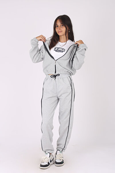 armicem 3'Lü Kapşonlu Crop Ceket\Crop T-shirt\ Biyeli Alt-Kız Çocuk Eşofman Takımı