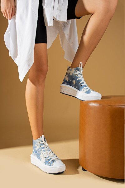 Pembe Potin Women's White Unisex High Sole High Top Model Linen Sneaker