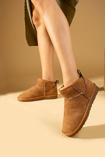 Pembe Potin Γυναικεία Mini Tan Nubuck Μποτάκια με Γούνινο Εσωτερικό Flat Άνετη Σόλα Γυναικεία Παπούτσια