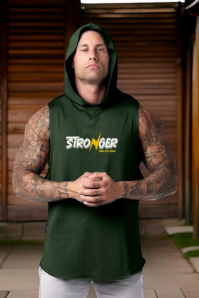 BESSA Men's Khaki Hooded Cotton Tank Top - Stronger Printed