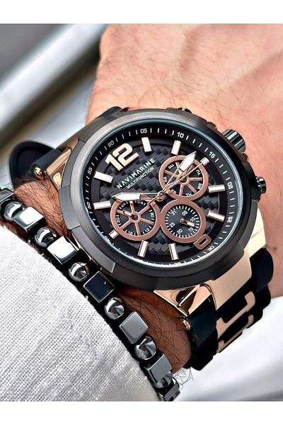 Navimarine Men's Wristwatch and Bracelet with Gift - Black Silicone Cord