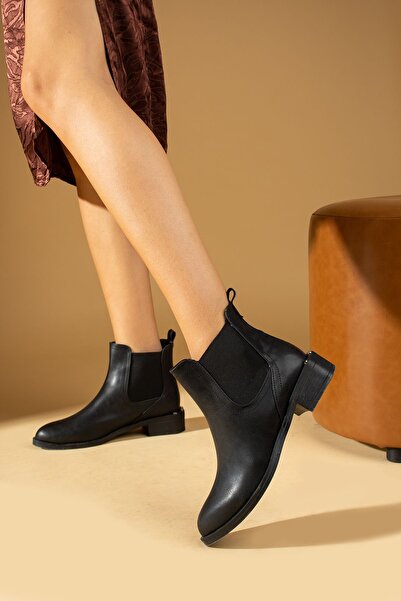 Pembe Potin Kadın Siyah Lastikli Topuğu Zımbalı Sıcak Astar Günlük Şık Bot