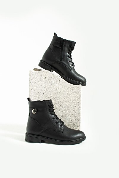 Pembe Potin Kadın Siyah Poli Taban Fermuarlı Rahat Kalıp Sıcak Astar Bağcıklı Bot Postal