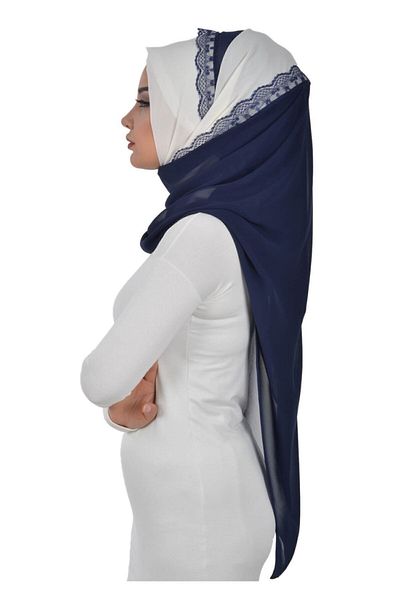 Ayşe Tasarım شال شيفون عملي، كريمي - أزرق داكن، ps-23