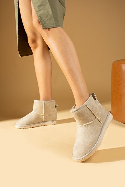 Pembe Potin Kadın Bej Nubuk Yarım Bot Içi Tüylü Düz Rahat Taban Kadın Ayakkabı