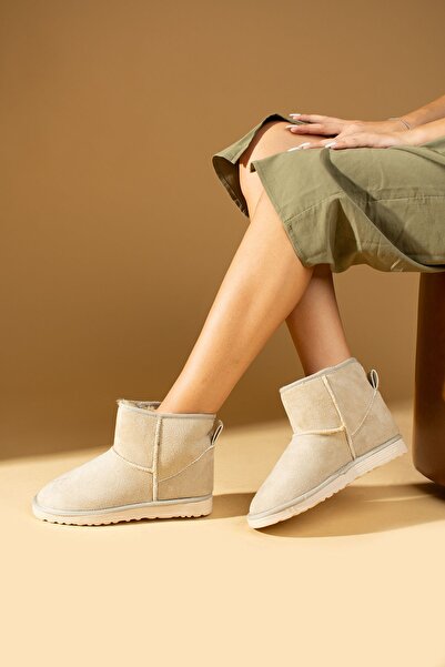 Pembe Potin Kadın Bej Nubuk Yarım Bot Içi Tüylü Düz Rahat Taban Kadın Ayakkabı