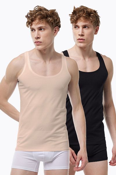 Malabadi Invisible Undershirt Men's 2 Pieces Black Skin Color Thin Strap Non-Marking Modal Undershirt 013