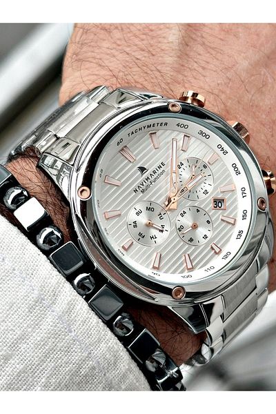 Navimarine Men's Silver Colored Steel Cord Wrist Watch and Bracelet Gift