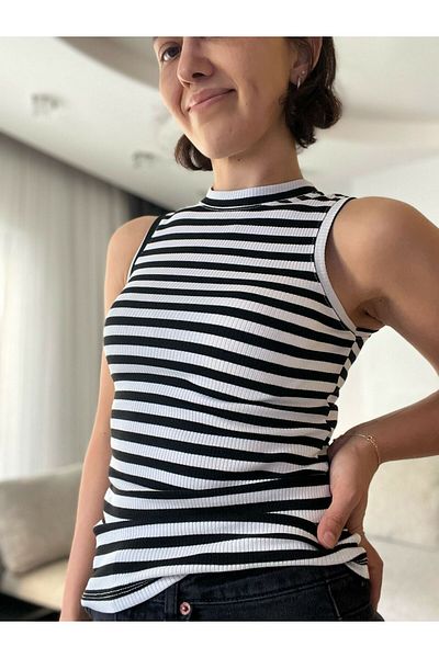 soBasic Tricou din bumbac fără mâneci cu decolteu triplu Bluză-M - Negru-Alb