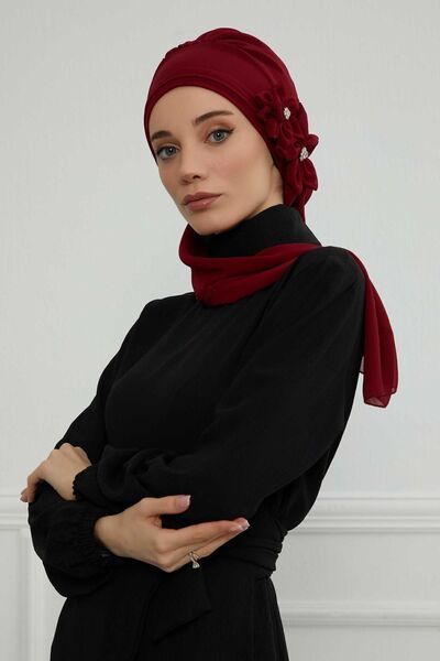 Ayşe Tasarım Special Design Chiffon Turban - With Stone Accessories, Ready, Claret Red, HT-8