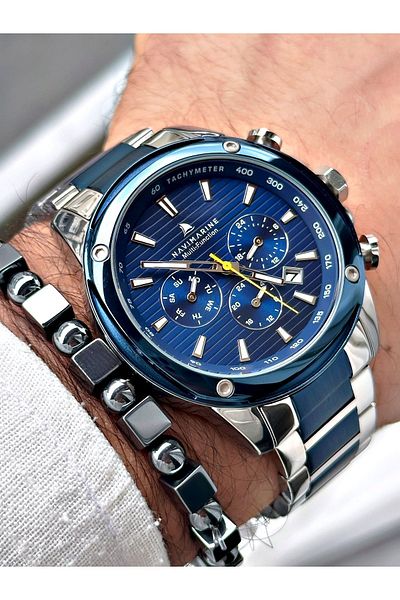 Navimarine Men's Wristwatch and Bracelet with Gift - Navy Silver Colored Steel Cord