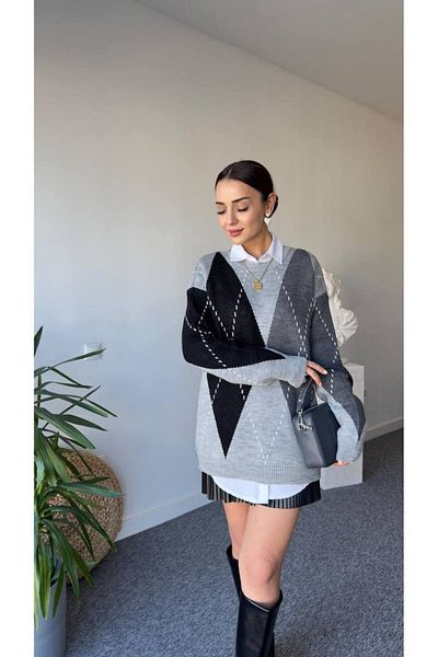 Brantu Pulover supradimensionat pentru damă, gri Argyle, cu decolteu rotund