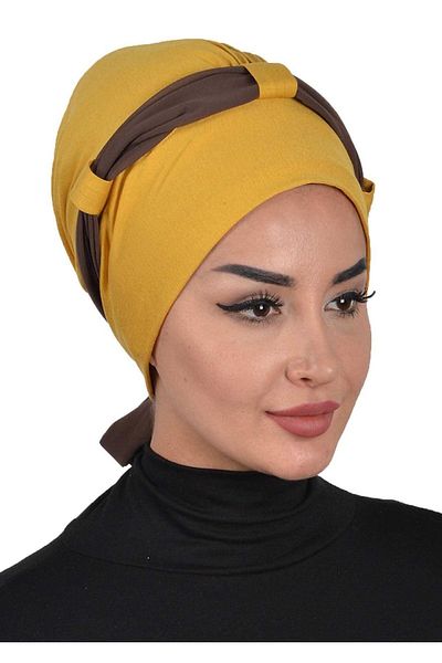 Ayşe Tasarım غطاء رأس من القطن الممشط بحزام من الشيفون باللون الأصفر الخردلي - بني، b-24