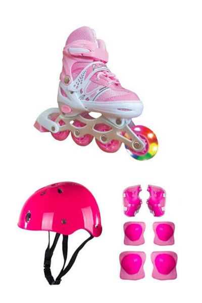 Depomiks Avm Pink Metal Skate Adjustable Practice Helmet Knee Pad Wristband Elbow Pad Set