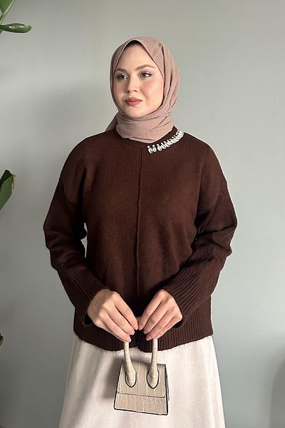 InStyle Pulover de tricotaj maro amar - Detaliu de piatră de scoici