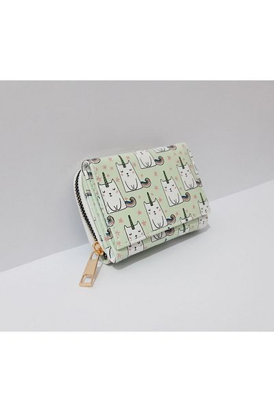 renkli çiçekler Детски портфейл с шарка на котка в светло зелено, 11x8 см