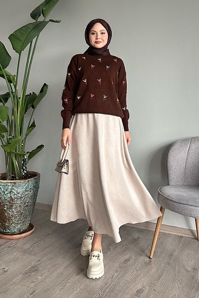 InStyle Pulover de tricotaj ajurat cu motiv trandafir de culoare maro unghi