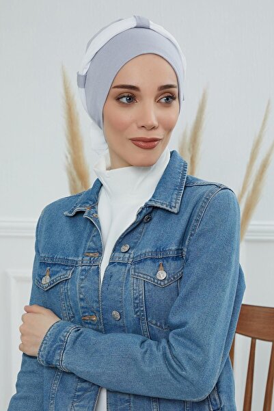 Ayşe Tasarım Chiffon Belted Combed Cotton Bonnet, Gray 2 - Cream,B-24,Gray-Cream