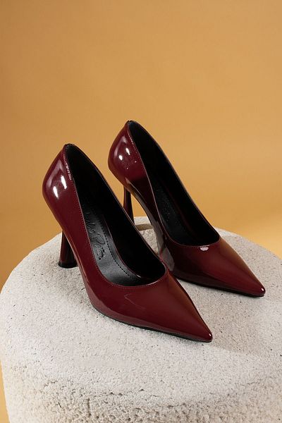 Pembe Potin Women's Burgundy Patent Leather Classic Heel Stiletto Night Evening Dress Office Heeled Shoes