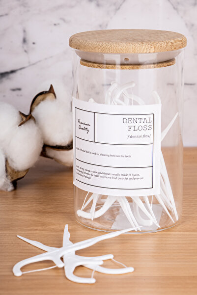 MODA OZY 250ml Bambu Kapaklı Borosilikat Cam Diş İpi Kavanozu (Etiket Dahil)