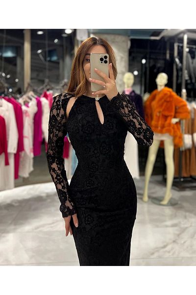 missswans Darla Collar Lace Pencil Dress-Black