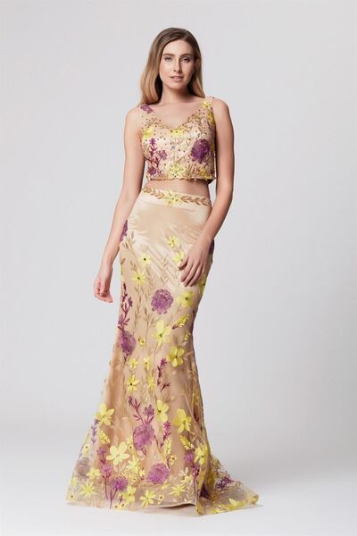 Abiye Sarayı Sarı Çiçek Işlemeli Ikili Takım Abiye