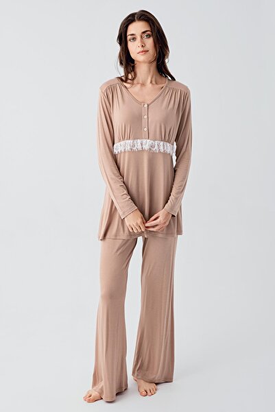 Artış Flexible Viscous Maternity Pajamas Set - Long Sleeve, Lace Pattern, Buttoned Spanish Leg Dressing Gown