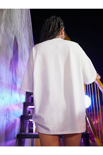 Trendseninle Γυναικείο Shut Up Λευκό μπλουζάκι με στάμπα oversize