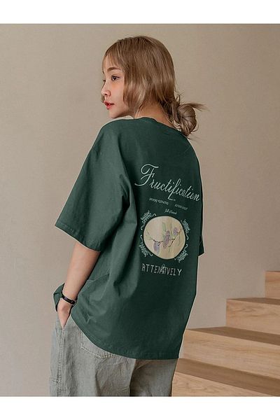 Trendseninle Tricou oversize cu imprimeu Nephti Green Fructification pentru damă