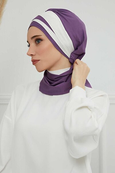Aisha's Design Double Colored Combed Cotton Ready-To-Wear Turban, Ht-80, Purple 2-Cream, Ht-80, Purple-Cream
