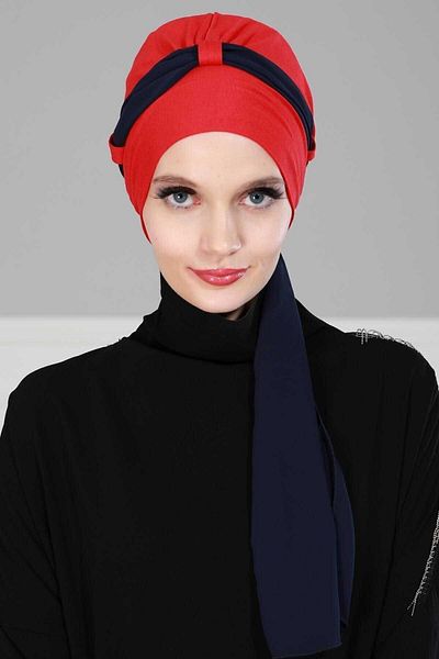 Ayşe Tasarım Red Navy Blue Chiffon Belted Combed Cotton Bonnet - B-24