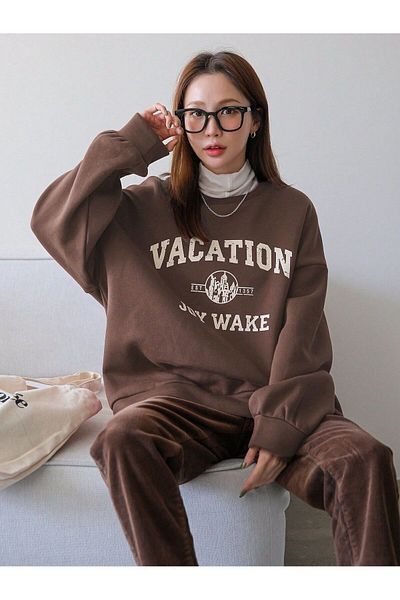 Trendseninle Γυναικείο φούτερ Coffee Vacation Joy Wake με στάμπα Oversize Crew Neck