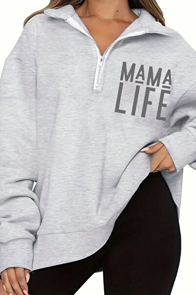 Trendseninle Kadın Grimenaj Mama Life Baskılı Oversize Yarım Fermuarlı Sweatshirt