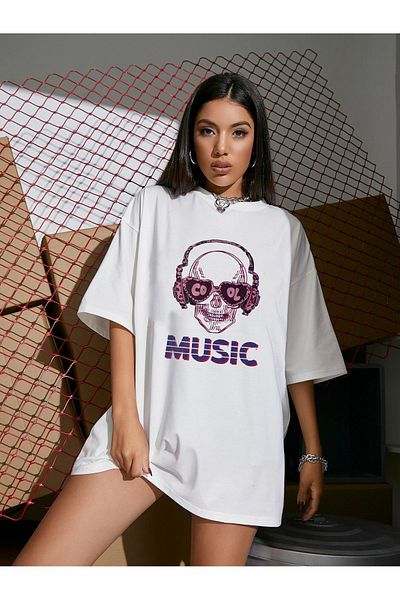 Trendseninle Γυναικείο λευκό μπλουζάκι Oversize Μουσικό μπλουζάκι με στάμπα μπροστά
