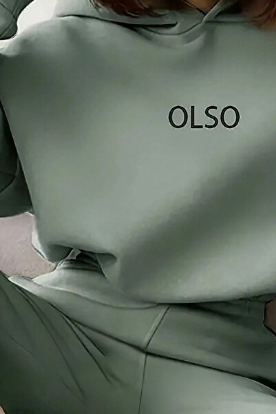 Trendseninle Kadın 3 Iplik Su Yeşili Olso Baskılı Kapüşonlu Alt Üst Eşofman Takım