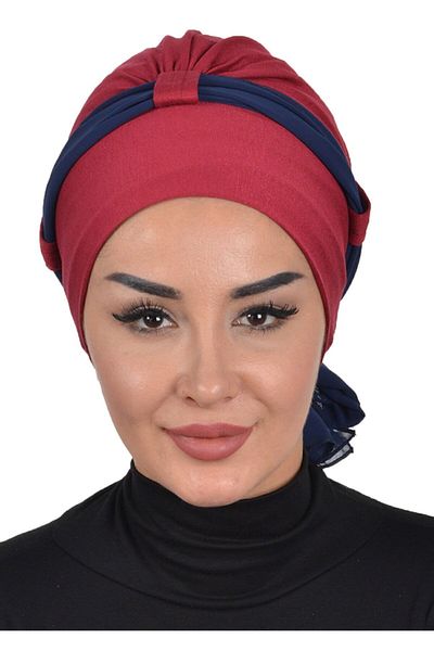 Ayşe Tasarım غطاء رأس من القطن الممشط بحزام من الشيفون باللون الأزرق الداكن - أحمر كلاريت، B-24