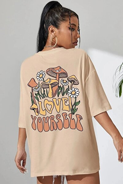 Trendseninle Béžové dámské oversize tričko Love Yourself s potiskem