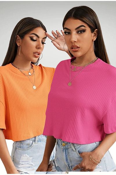 Trendseninle Rosa-orangefarbene, übergroße Crop-Bluse und gerippte Taillenbluse – 2er-Set