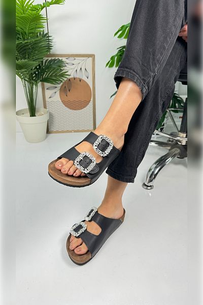 Nstil Black Women's Stone Buckle Slippers