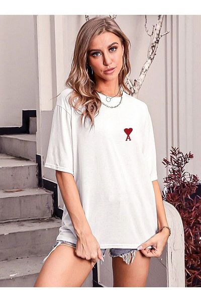 Trendseninle Γυναικείο μπλουζάκι Oversize με στάμπα λευκής καρδιάς