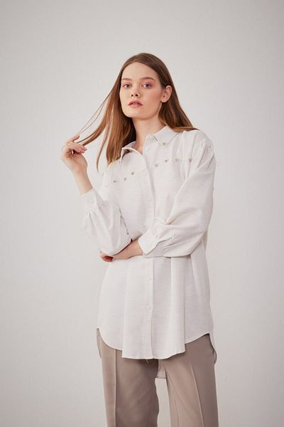 MVStore Stone and Pearl Embroidered Women's Linen Shirt