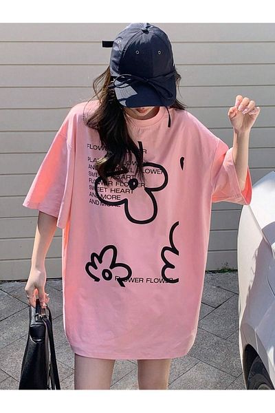 Trendseninle Γυναικείο μπλουζάκι Oversize με στάμπα ροζ γλυκό λουλούδι