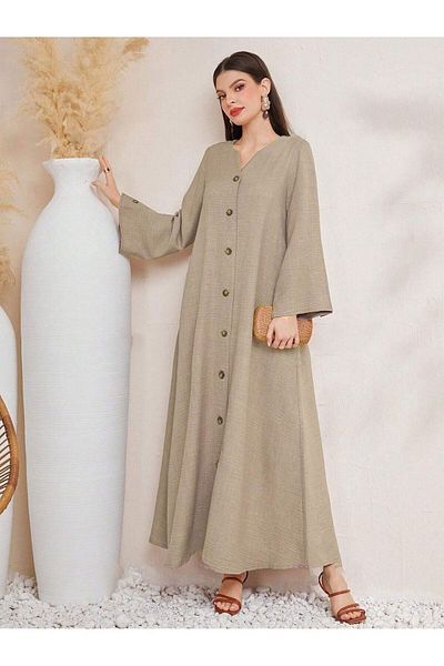 Trendseninle Women's Mink Single-Breasted Linen Dress