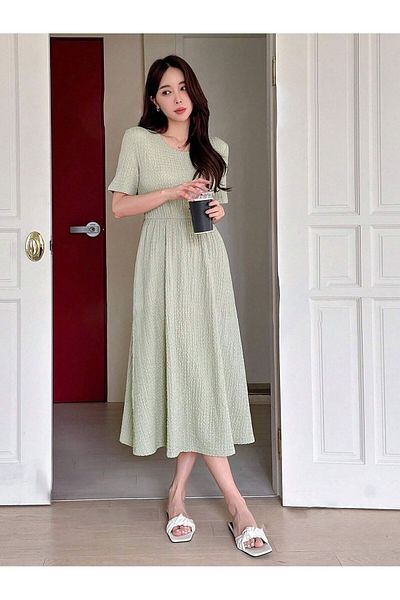 Trendseninle Rochie midi cu mânecă scurtă cu detaliu încrețit verde