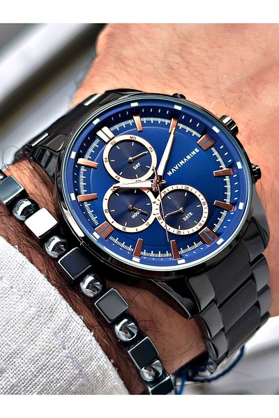 Navimarine Men's Wristwatch and Bracelet with Gift - Black Navy Steel Cord