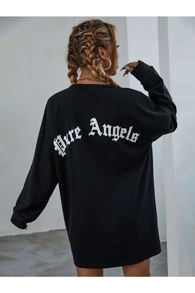 Trendseninle Γυναικείο φούτερ με στάμπα Pure Angels Oversize σε μαύρο μπροστά και πίσω