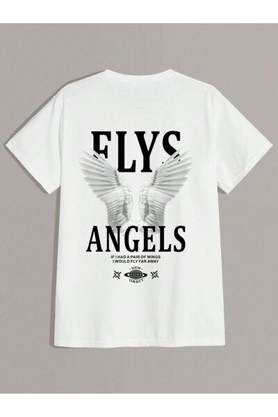 Trendseninle Ανδρικό μπλουζάκι με στάμπα Flys Angels Λευκό Oversize